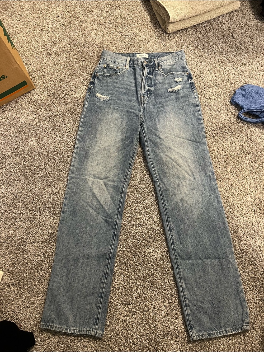pistola Distressed Straight Leg Jeans in Light Blue Wash